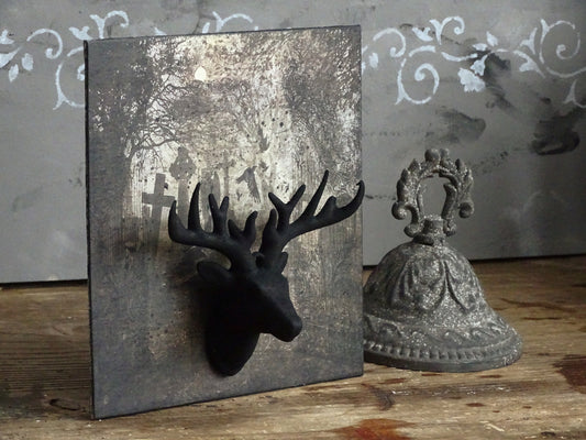 Gothic Black Stag Deer Head Plaque: Haunted Graveyard Wall Decor
