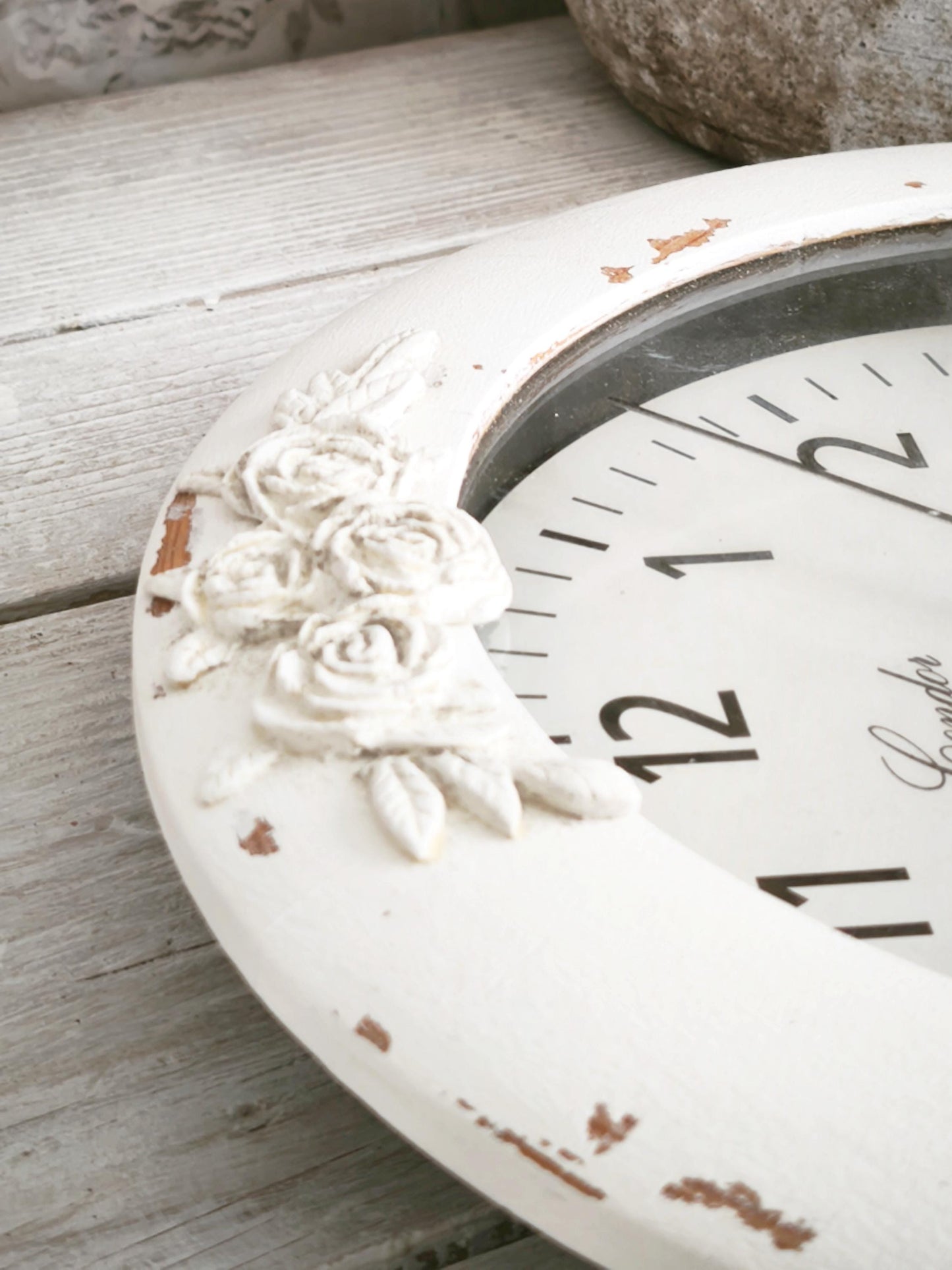 White Wood Wall Clock with Clay Flowers, Shabby Chic Ornate Floral Home Decor