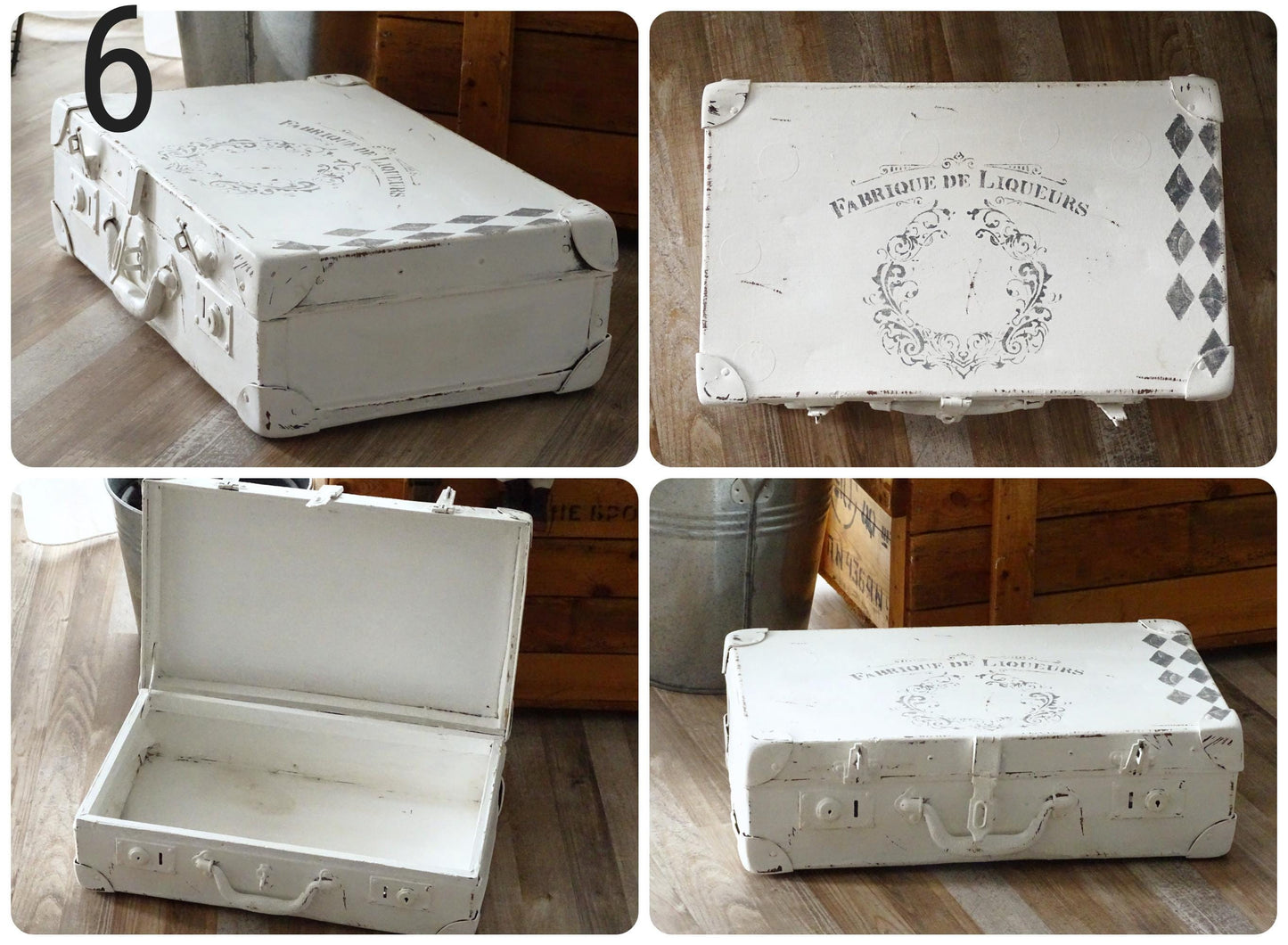 White or Gray Suitcase, Shabby Chic Painted French Stackable Travel Luggage Leather Suitcase, Wedding Cards Storage Organizer