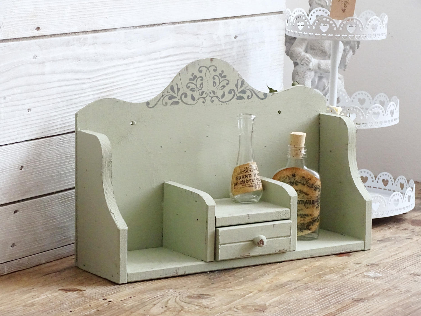Green Wood Spice Rack Drawer, Spice Holder, Spice Shelf Wall Hanging, Tabletop Spice Organizer, Distressed Shabby Chic Kitchen Storage Rack