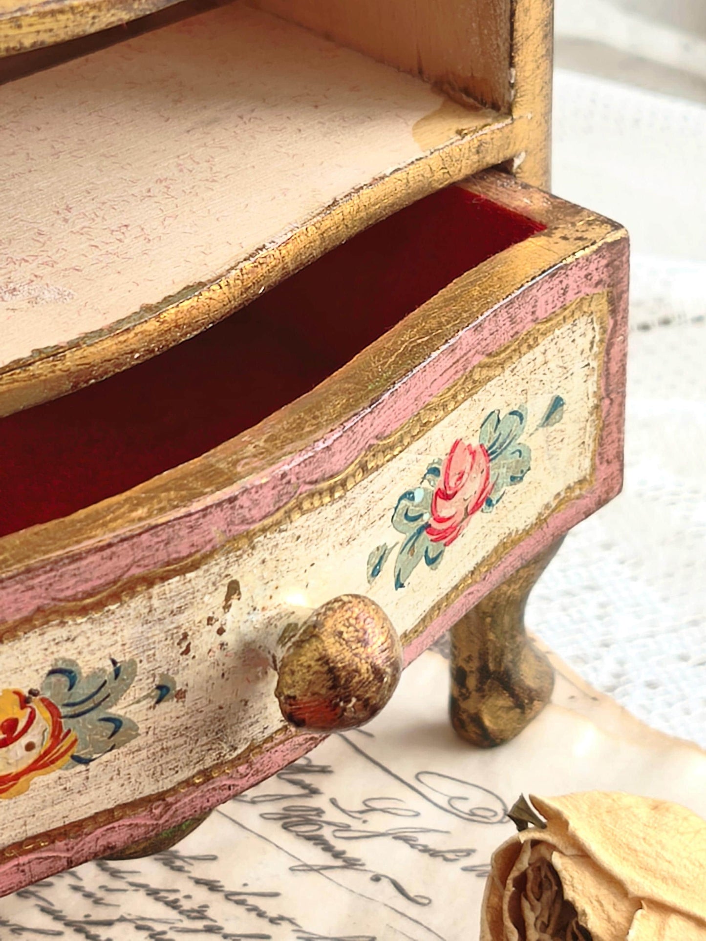 Giltwood Florentine Jewelry Chest of 2 Drawers and Handpainted Flowers, Italian Jewelry Storage Box, Shabby Chic Vanity Jewelry Cabinet