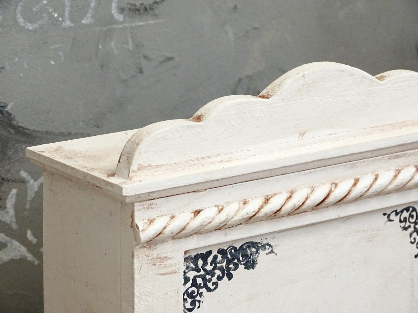 Shabby Chic White Wood Key Box: Wall Hanging Key Cabinet with Bird Motif