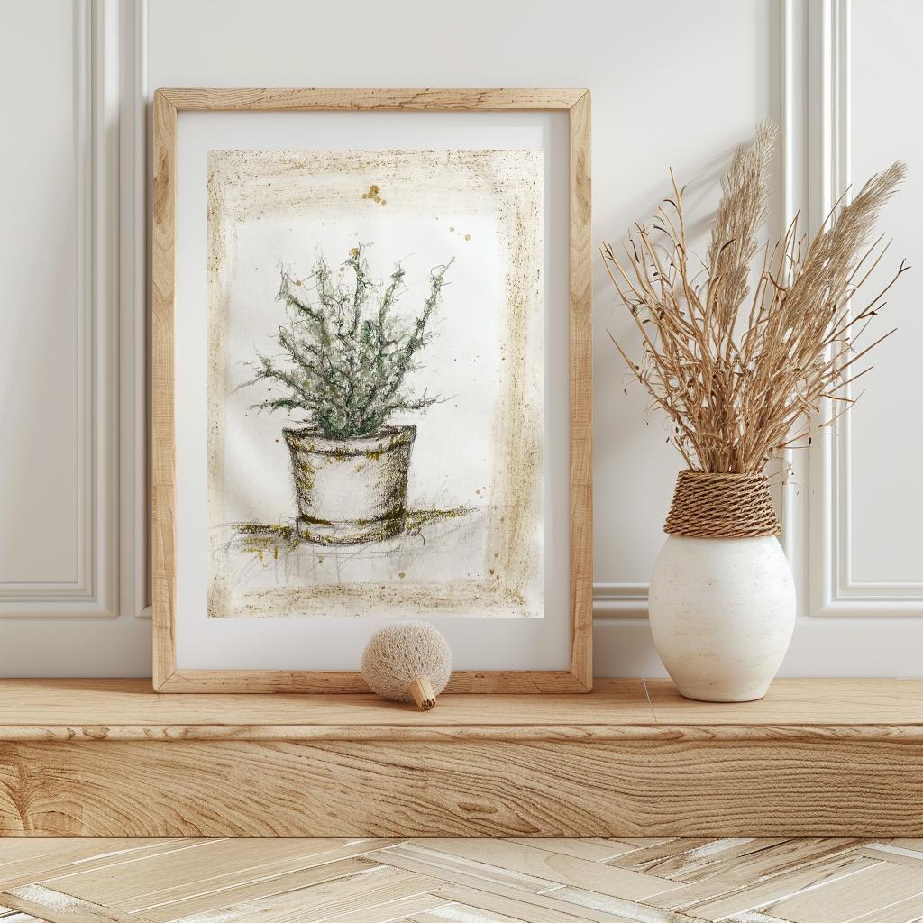 Original Sketch Plant Pot Drawing, Naive Still Life Greenery Artwork, Rustic Cabin Decor