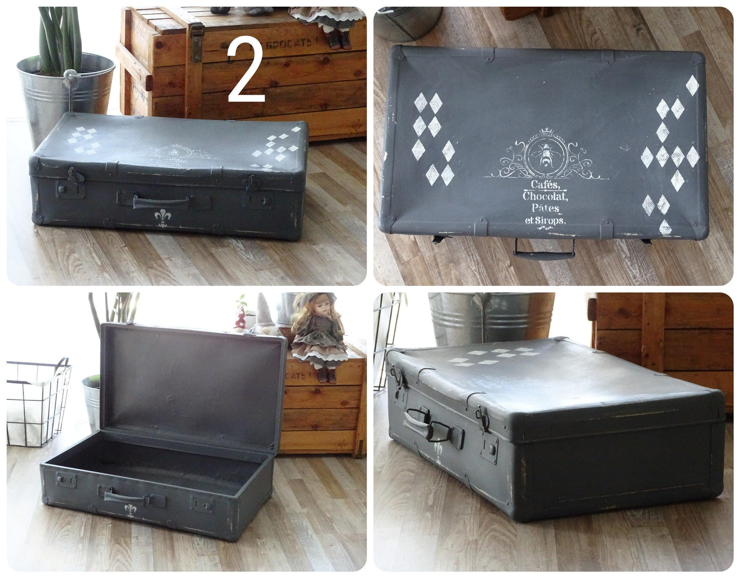 White or Gray Suitcase, Shabby Chic Painted French Stackable Travel Luggage Leather Suitcase, Wedding Cards Storage Organizer