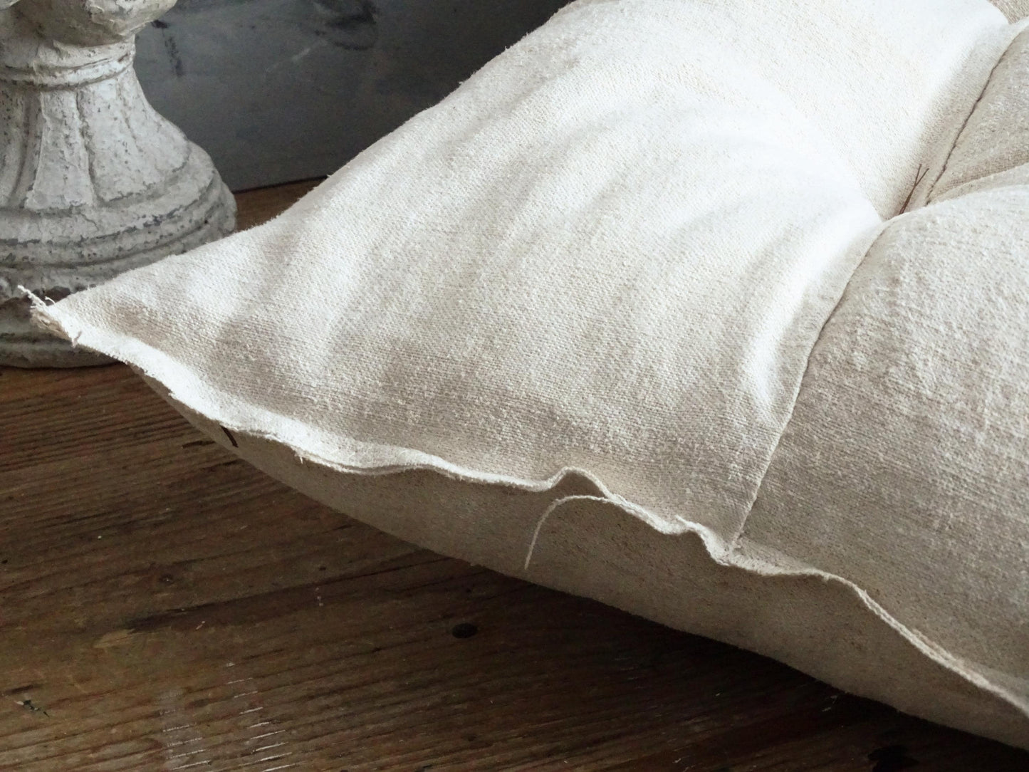 Antique Grain Sack Bench Cushion, Red Stripe Tufted Pillow, Washed Linen Seat Pad
