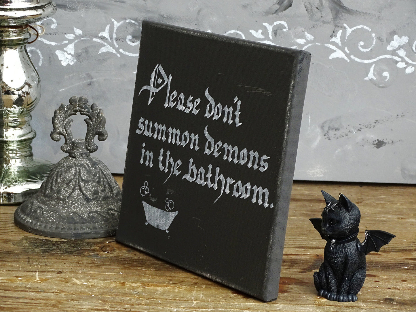 Gothic Bathroom Canvas Sign, Funny Demon Art, Hand-Lettered
