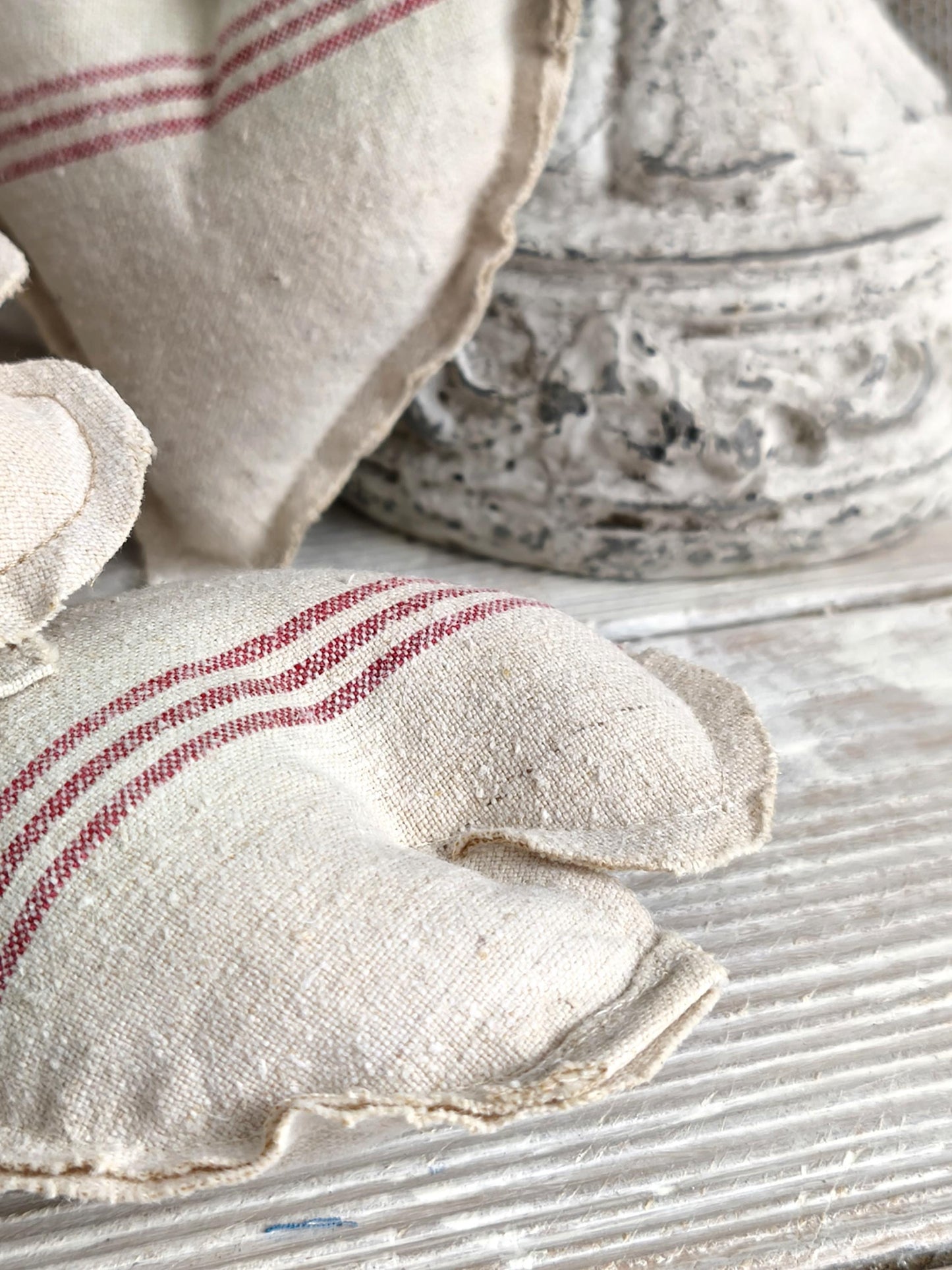 Large Antique Linen Heart Red Stripe, Primitive Farmhouse Cloth Bowl Filler, Wall Hanging Grain Sack Fabric Stuffed Valentine Heart Ornament