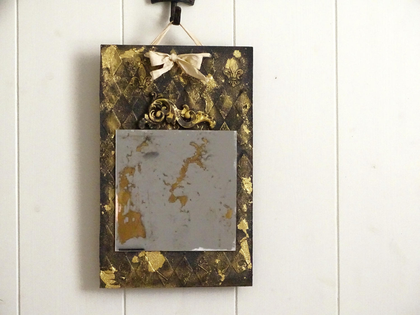 Handmade Stained Wall Mirror Black Gold, Old Looking Antiqued Distressed Wall Mirror, Hand Silvered Aged Wall Mirror