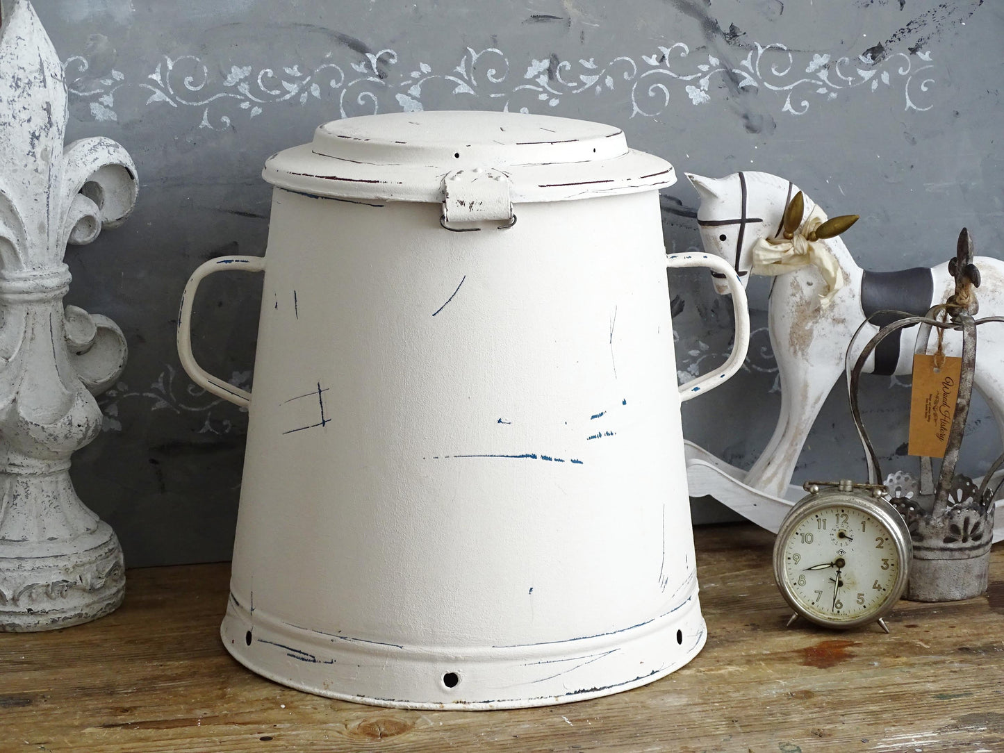 White Enamel Waste Bin with Lid, Large Metal Bucket, Waste Basket, Recycling Garbage Bin, Shabby Chic Bathroom Kitchen Trash Can