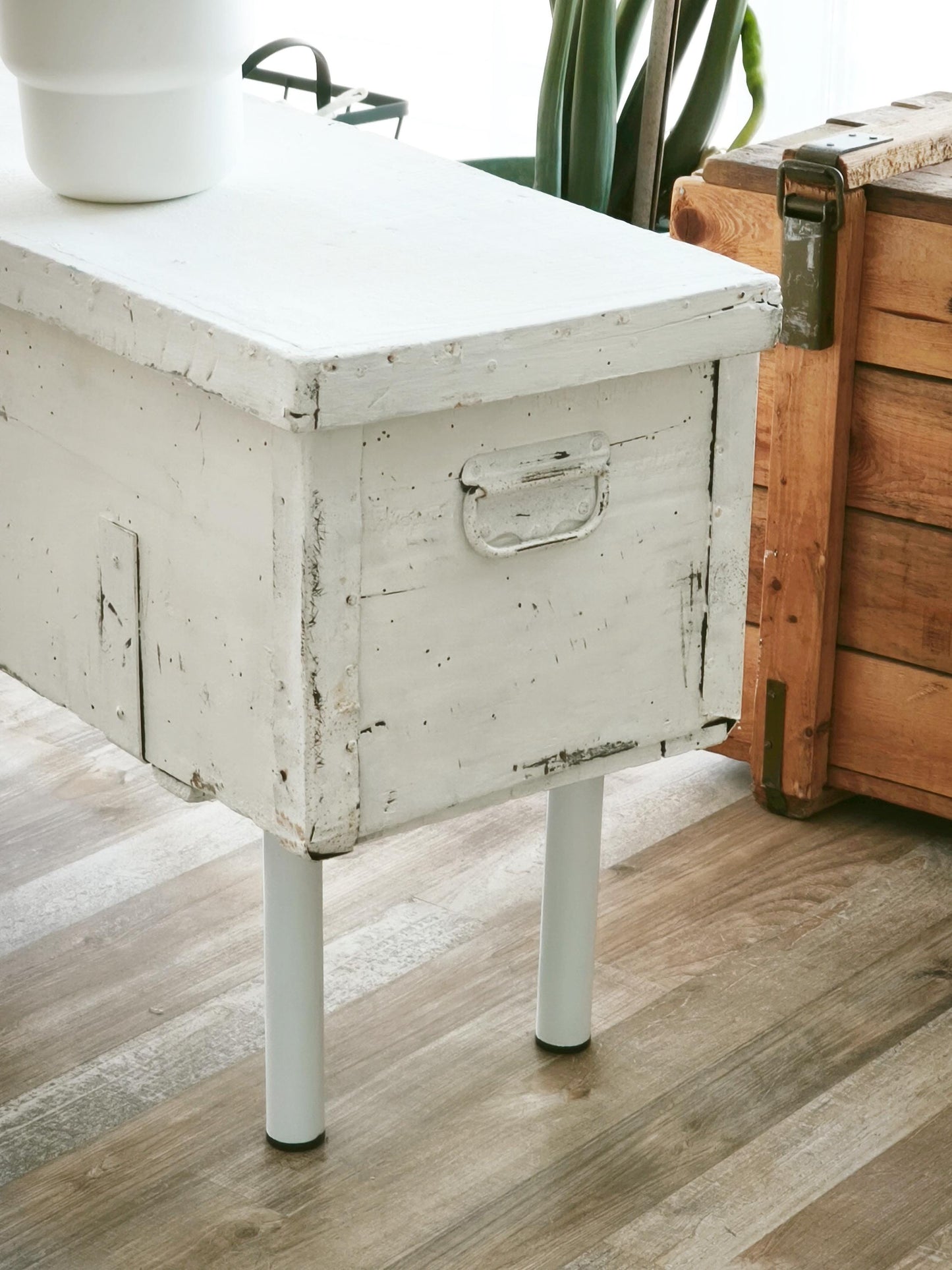 Antique White Wood Storage Bench: Shabby Chic Farmhouse Trunk, Industrial Legs