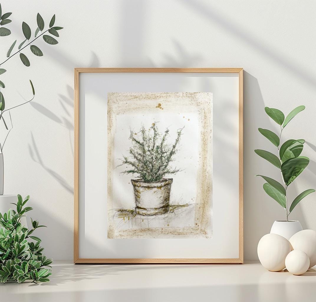 Original Sketch Plant Pot Drawing, Naive Still Life Greenery Artwork, Rustic Cabin Decor