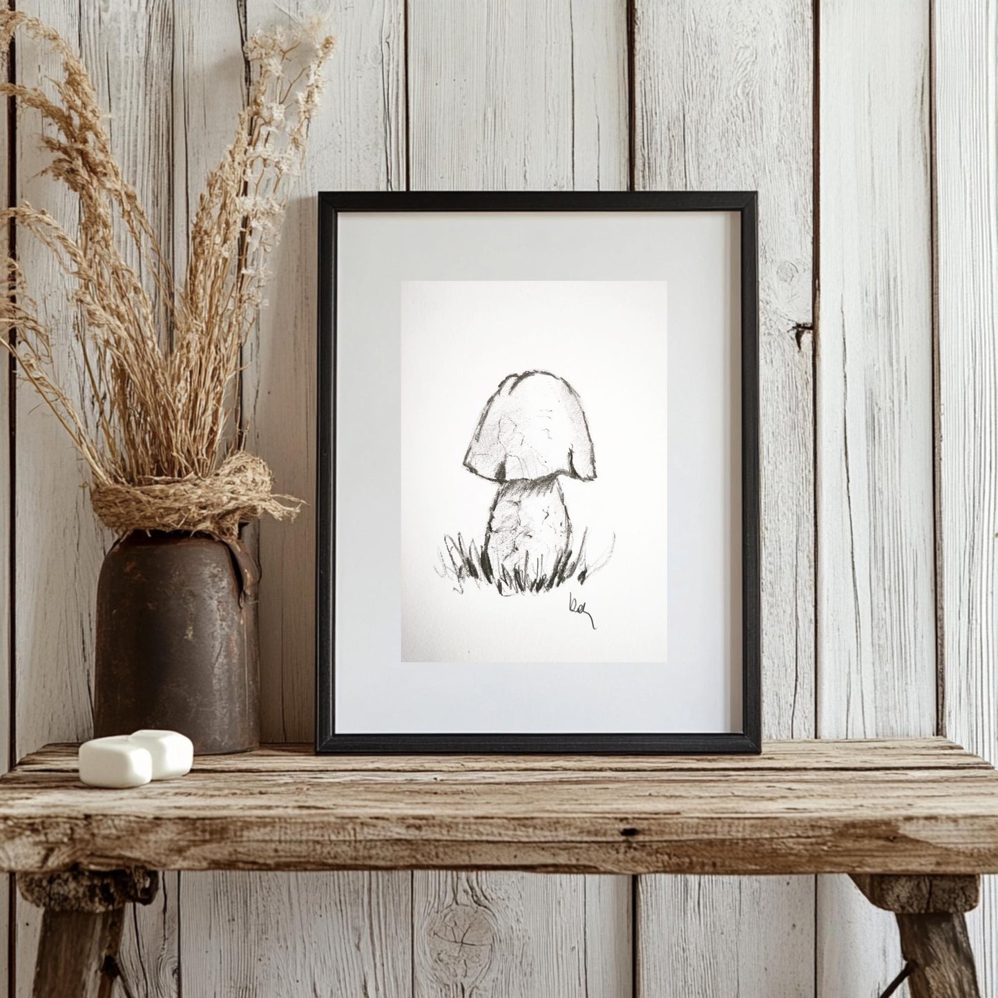 Original Charcoal Mushroom Drawing, Forest Woodland Nature Art, Porcini Sketch