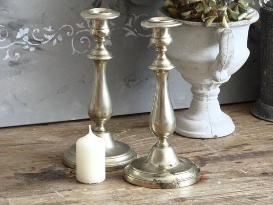 Pair 1870s Antique Silverplated Candlestick BMF, Tall Metal Candlestick Berndorf Metalware, Silver Candle Holders
