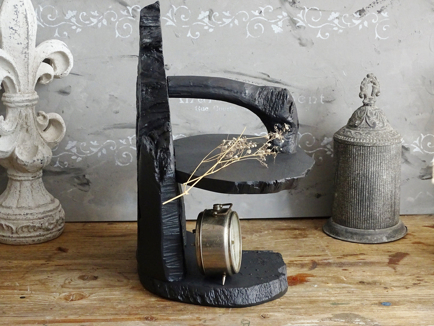 Black Raw Wood Display Case, Stand, Wabi Sabi Tabletop Standing Curio Shelf, Natural Wooden Sculpture Decor