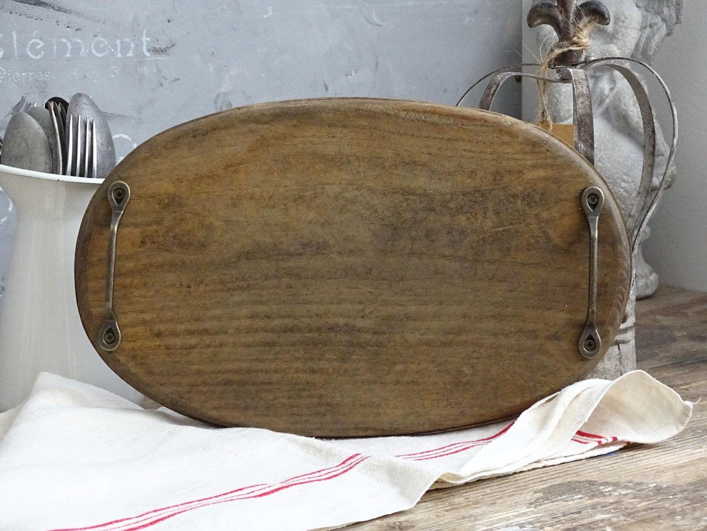 Oval Wood Bread Board Metal Handles, Cheese Board, Breadboard, Cutting Chopping Board, Farmhouse Kitchen Board, Serving Tray