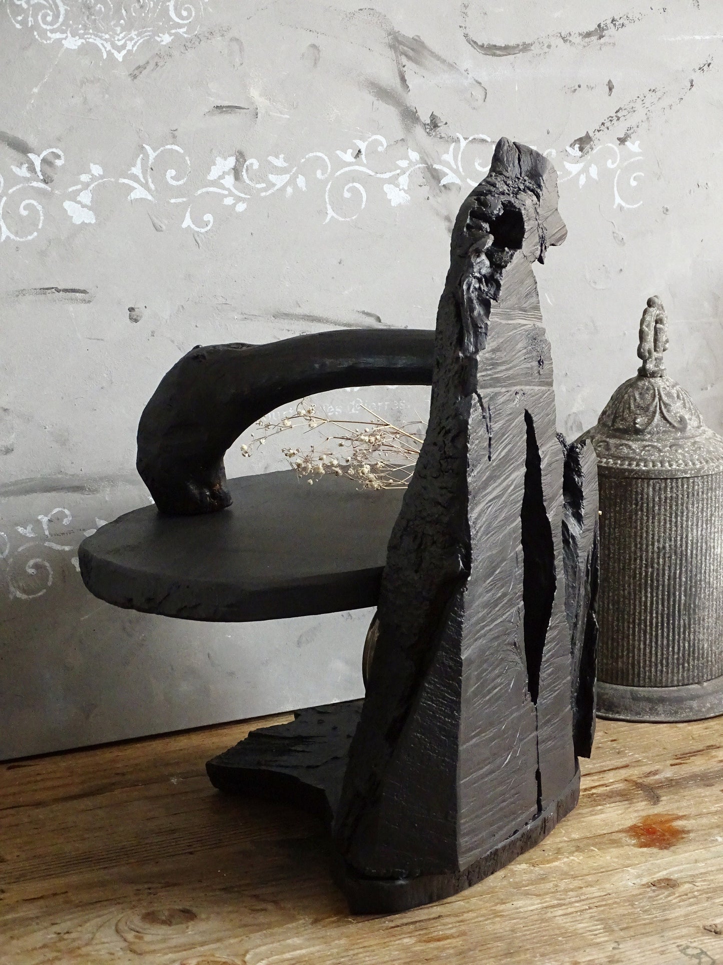 Black Raw Wood Display Case, Stand, Wabi Sabi Tabletop Standing Curio Shelf, Natural Wooden Sculpture Decor