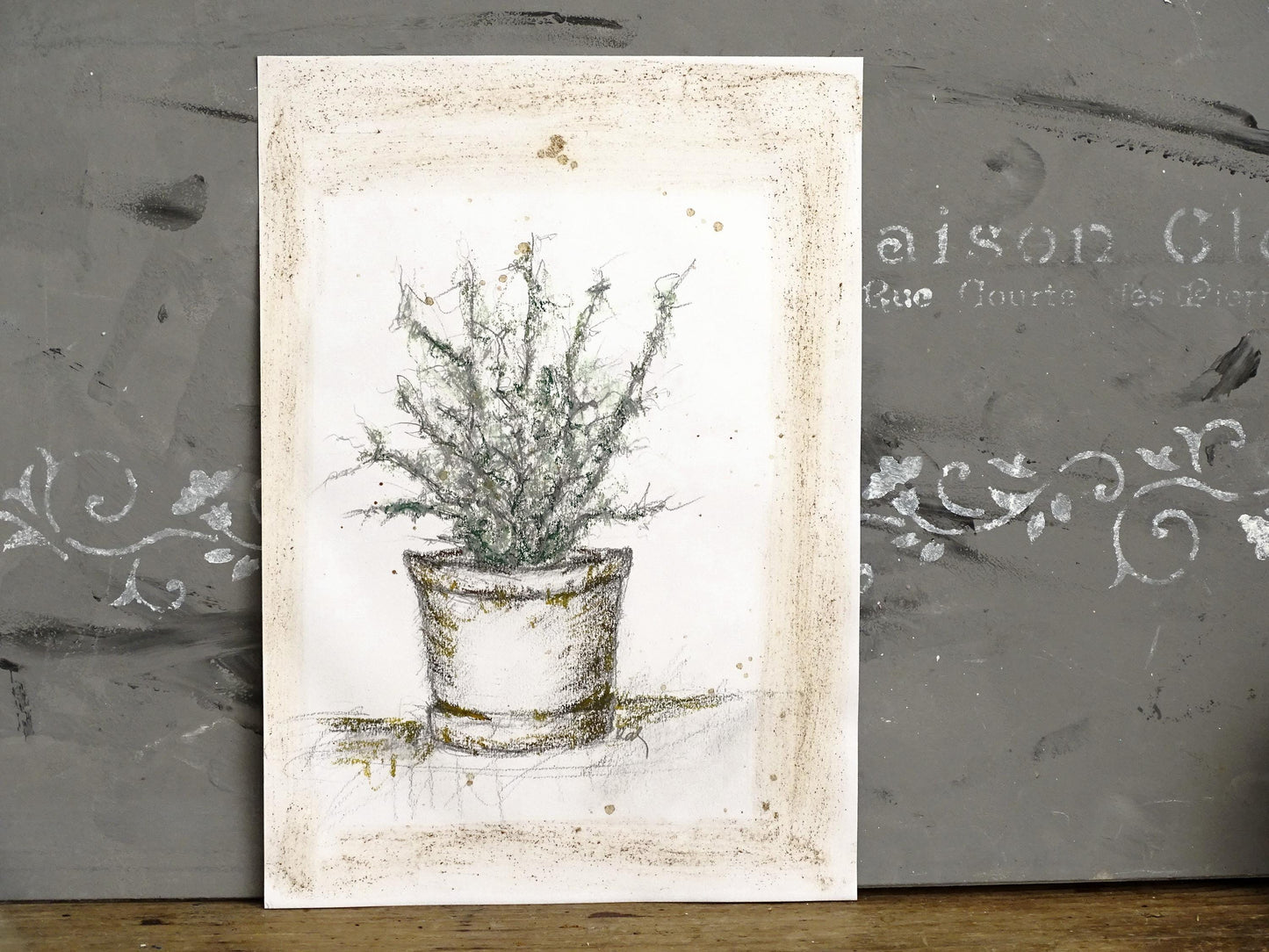 Original Sketch Plant Pot Drawing, Naive Still Life Greenery Artwork, Rustic Cabin Decor