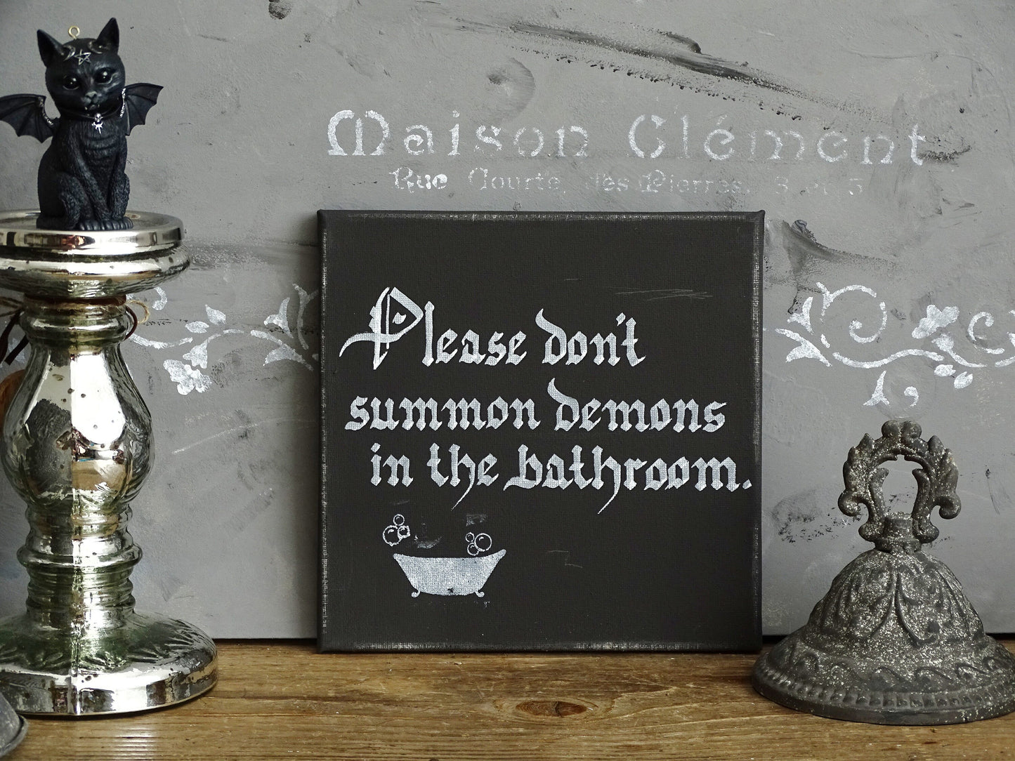 Gothic Bathroom Canvas Sign, Funny Demon Art, Hand-Lettered