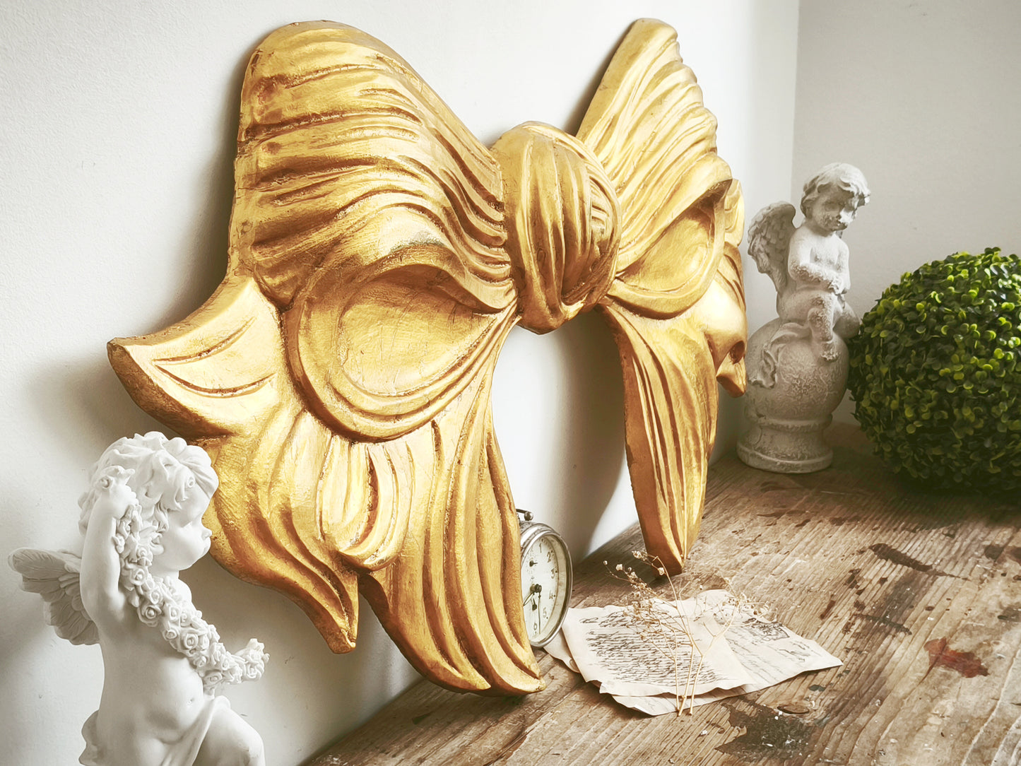 33.9" Hand Carved Gold Wood Bow Plaque, Extra Large Wall Pediment, Panel, Florentine Wall Decor