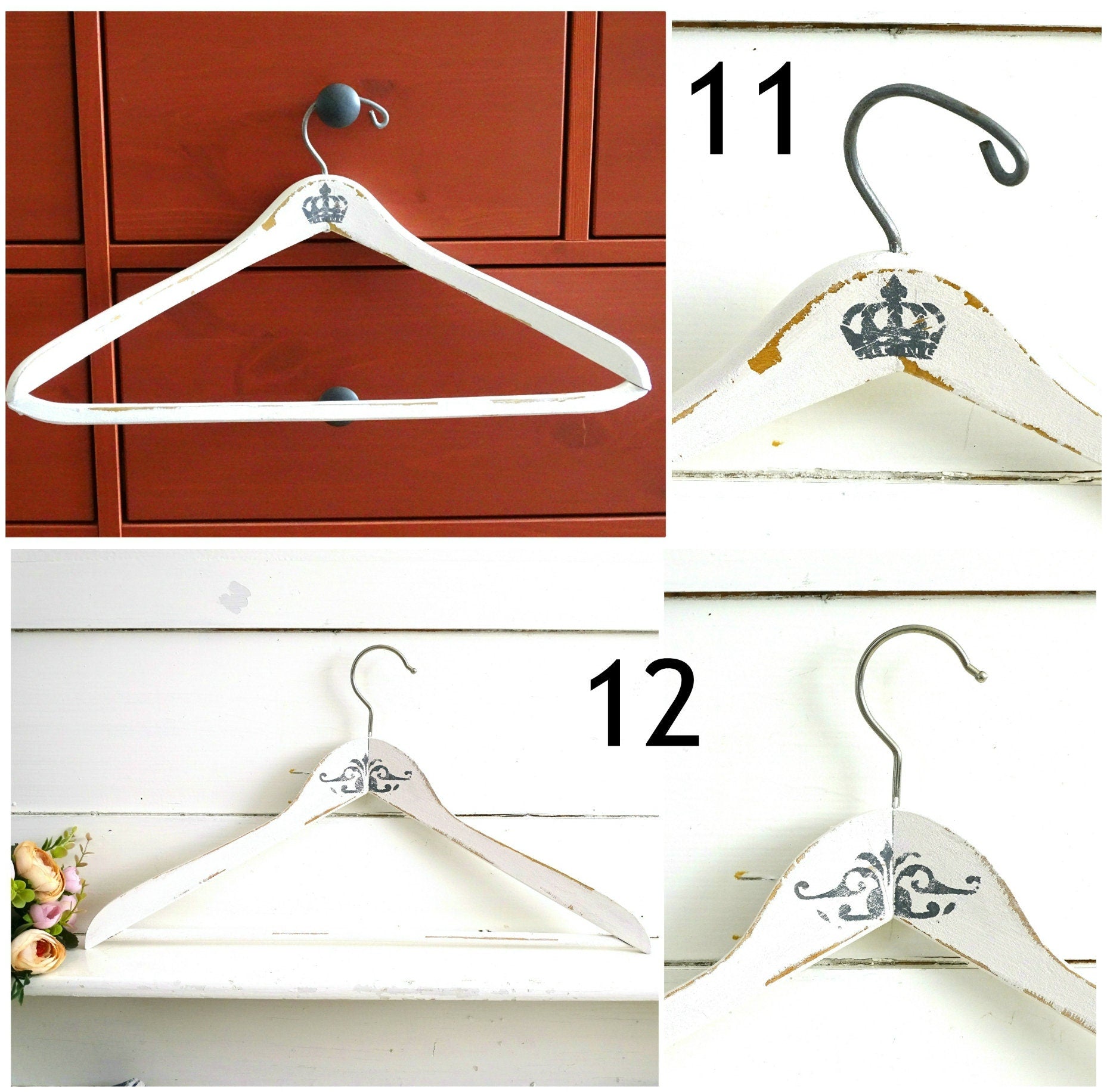 White Wood Clothes Hanger Crown, Painted Distressed Coat Pants Hanger, Shabby Chic Wedding Dress Hanger, Wedding Shower or Bridesmaid Gift