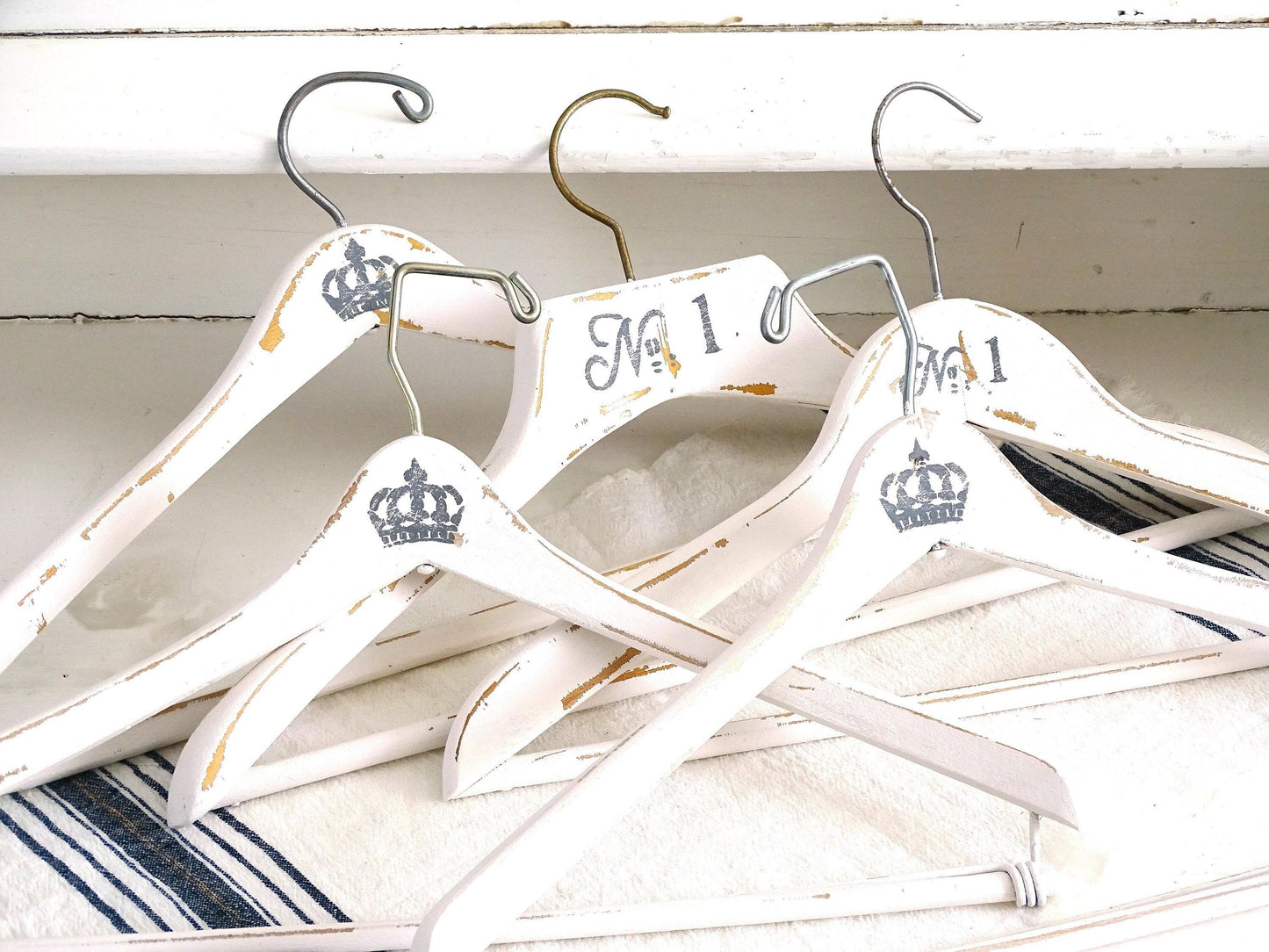 White Wood Clothes Hanger Crown, Painted Distressed Coat Pants Hanger, Shabby Chic Wedding Dress Hanger, Wedding Shower or Bridesmaid Gift
