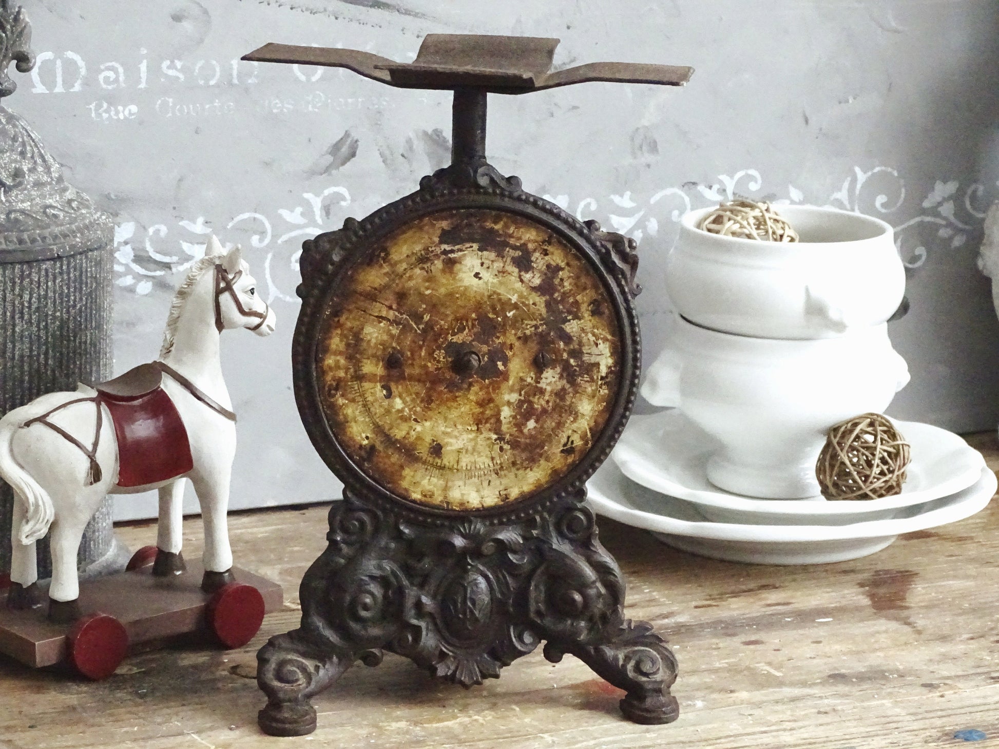 Antique Cast Iron Kitchen Scale: Ornate Farmhouse Decor