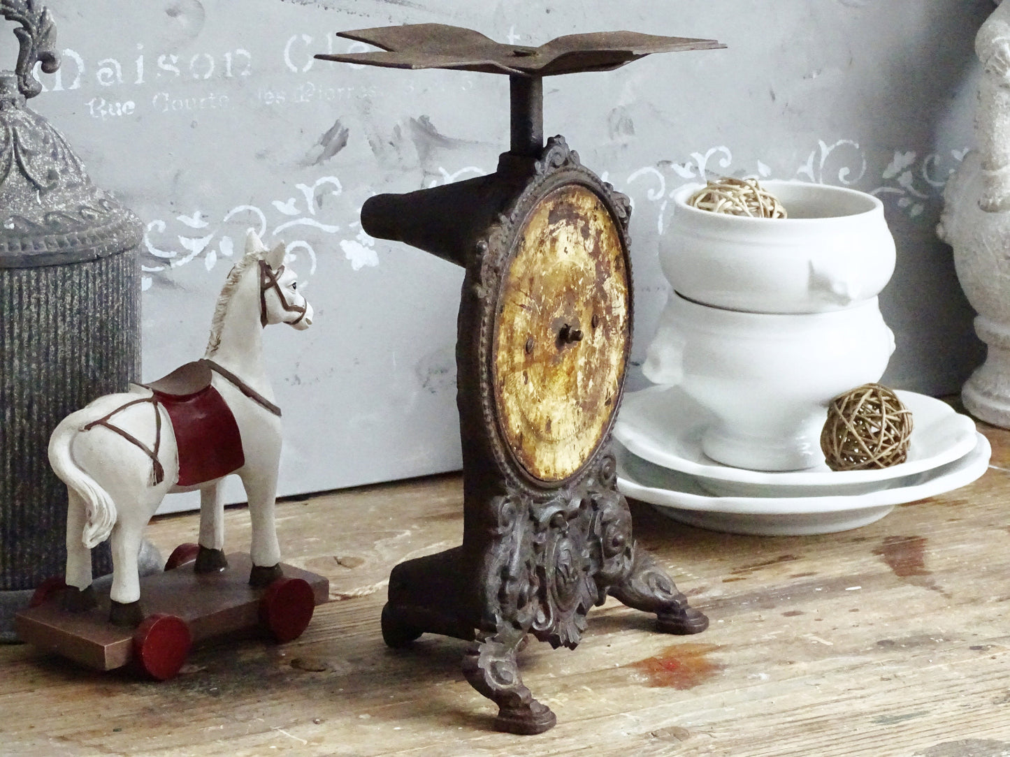 Antique Cast Iron Kitchen Scale: Ornate Farmhouse Decor
