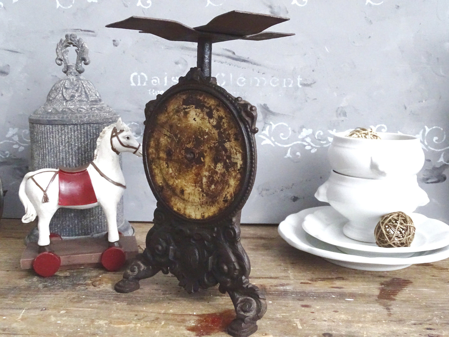 Antique Cast Iron Kitchen Scale: Ornate Farmhouse Decor