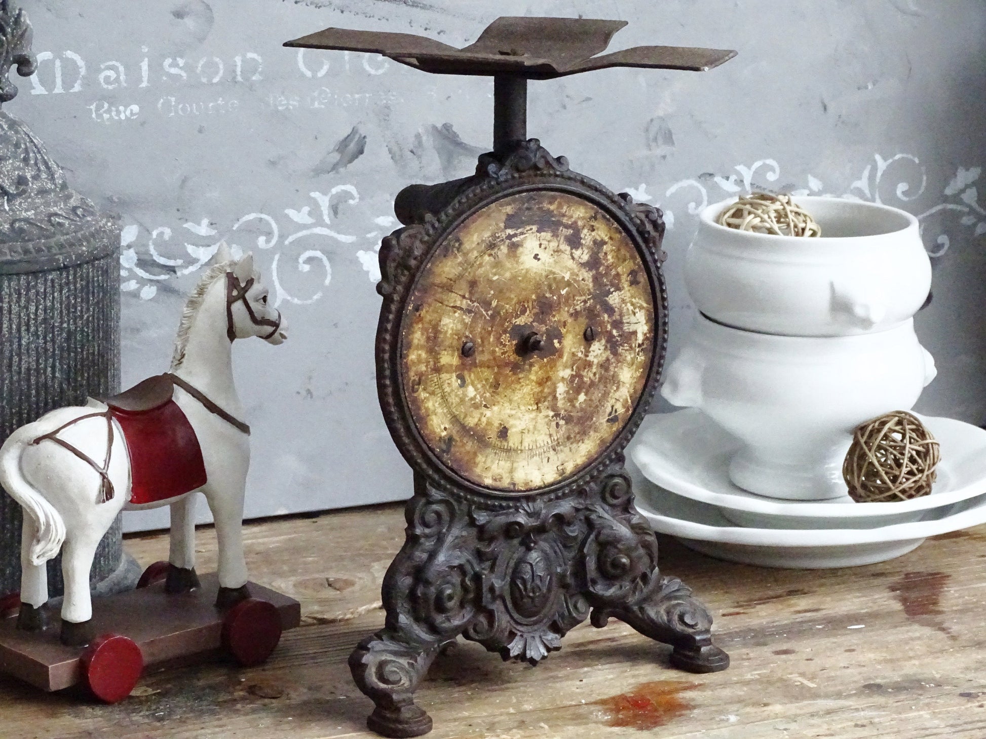 Antique Cast Iron Kitchen Scale: Ornate Farmhouse Decor