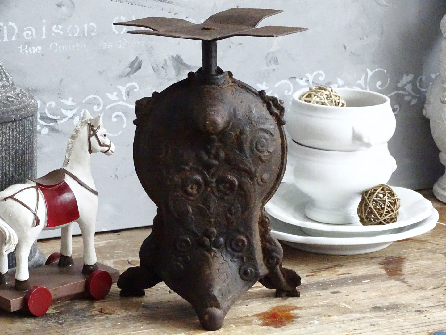 Antique Cast Iron Kitchen Scale: Ornate Farmhouse Decor