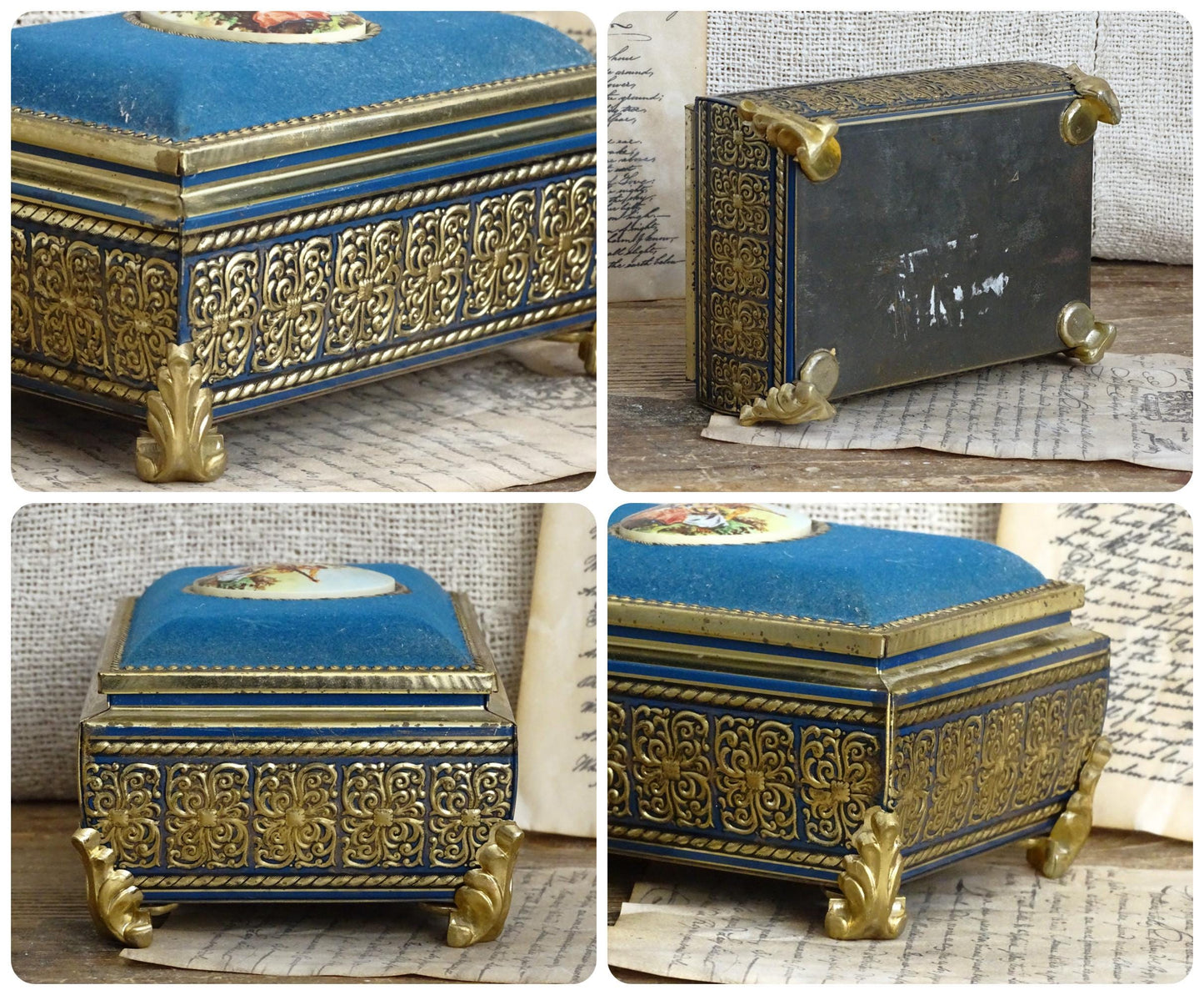 Gold Blue Tin Cameo Jewelry Box Velvet Lid, Ornate Ring Trinket Box, Small Decorative Tin Footed Box, Metal Jewelry Storage Box