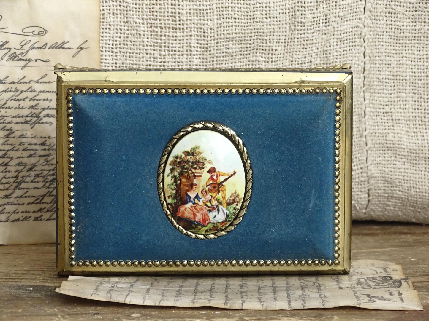 Gold Blue Tin Cameo Jewelry Box Velvet Lid, Ornate Ring Trinket Box, Small Decorative Tin Footed Box, Metal Jewelry Storage Box