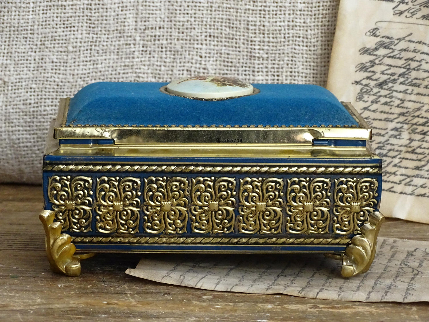 Gold Blue Tin Cameo Jewelry Box Velvet Lid, Ornate Ring Trinket Box, Small Decorative Tin Footed Box, Metal Jewelry Storage Box