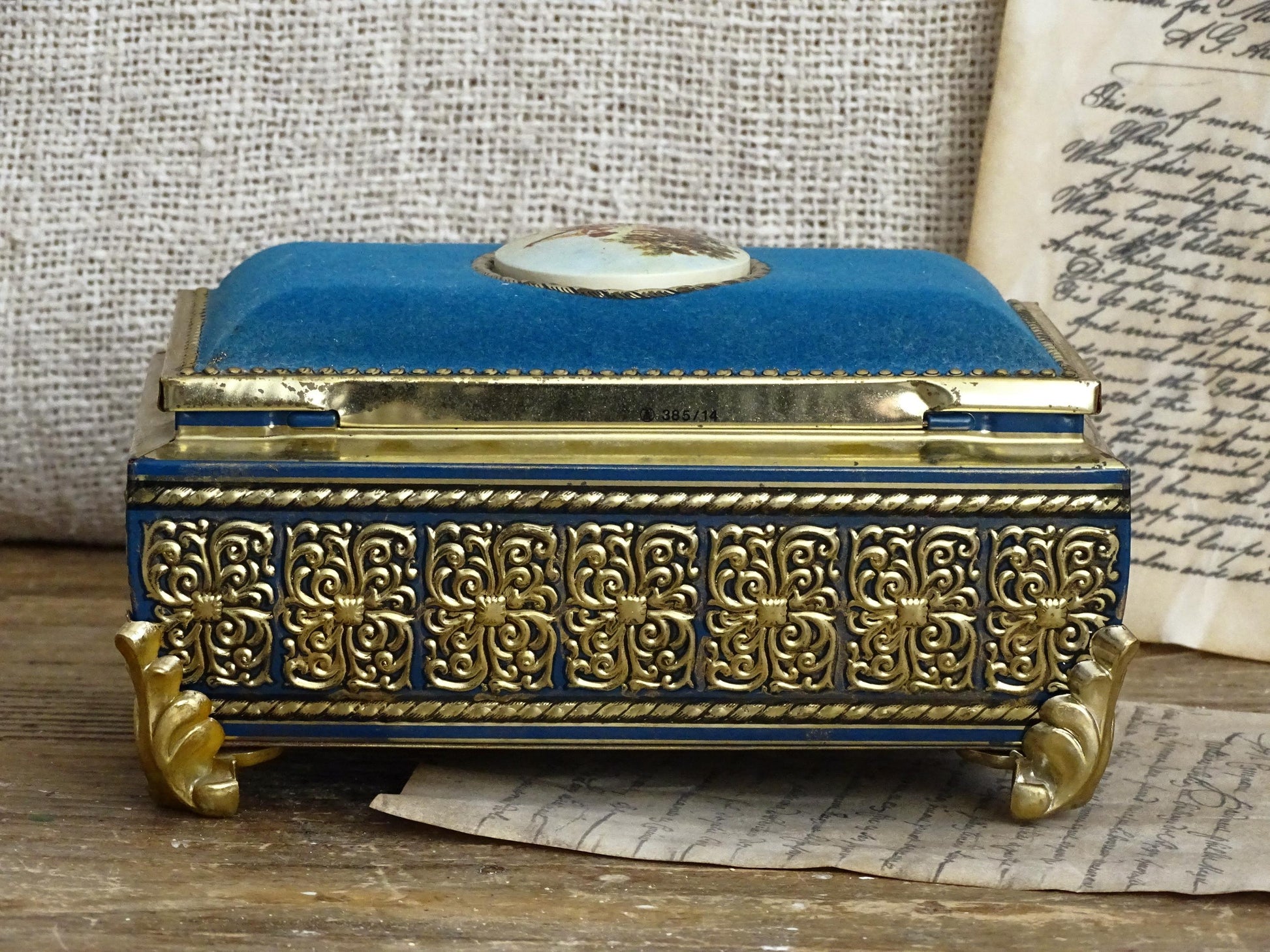 Gold Blue Tin Cameo Jewelry Box Velvet Lid, Ornate Ring Trinket Box, Small Decorative Tin Footed Box, Metal Jewelry Storage Box