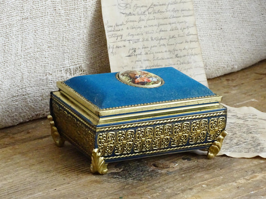 Gold Blue Tin Cameo Jewelry Box Velvet Lid, Ornate Ring Trinket Box, Small Decorative Tin Footed Box, Metal Jewelry Storage Box