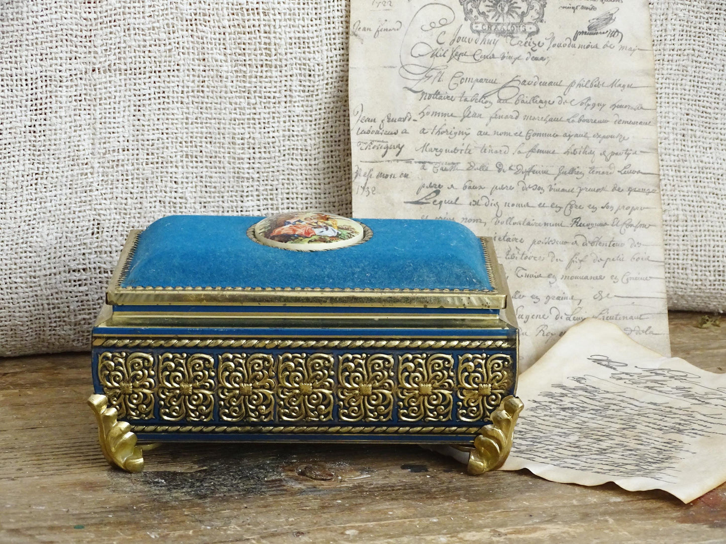 Gold Blue Tin Cameo Jewelry Box Velvet Lid, Ornate Ring Trinket Box, Small Decorative Tin Footed Box, Metal Jewelry Storage Box