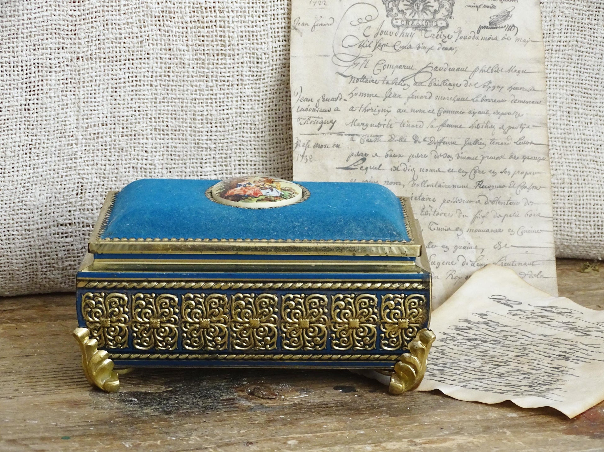 Gold Blue Tin Cameo Jewelry Box Velvet Lid, Ornate Ring Trinket Box, Small Decorative Tin Footed Box, Metal Jewelry Storage Box