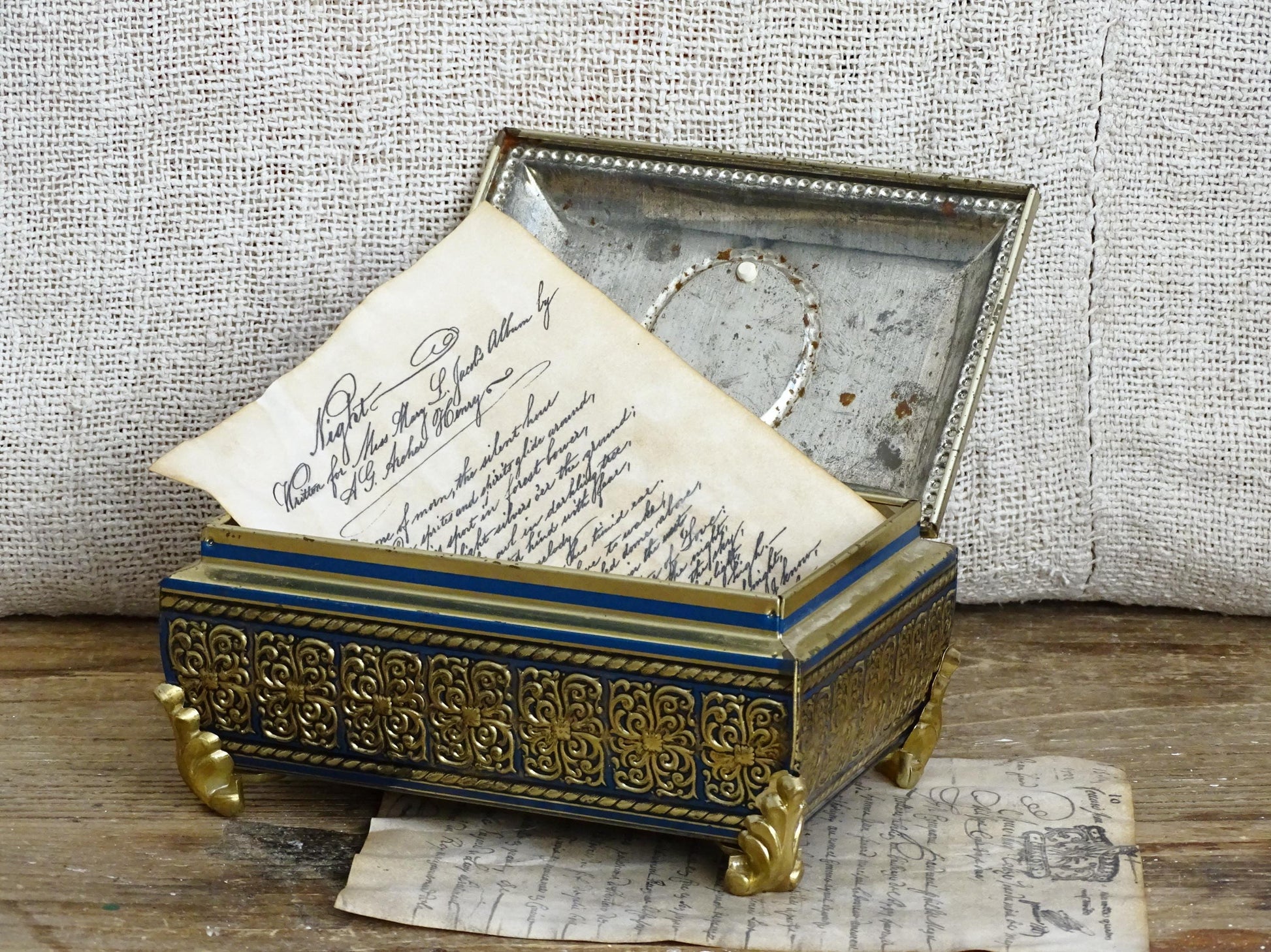 Gold Blue Tin Cameo Jewelry Box Velvet Lid, Ornate Ring Trinket Box, Small Decorative Tin Footed Box, Metal Jewelry Storage Box