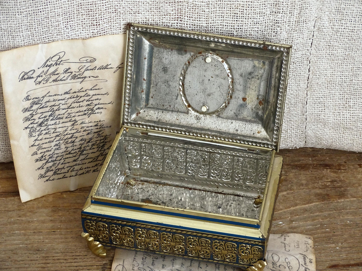 Gold Blue Tin Cameo Jewelry Box Velvet Lid, Ornate Ring Trinket Box, Small Decorative Tin Footed Box, Metal Jewelry Storage Box