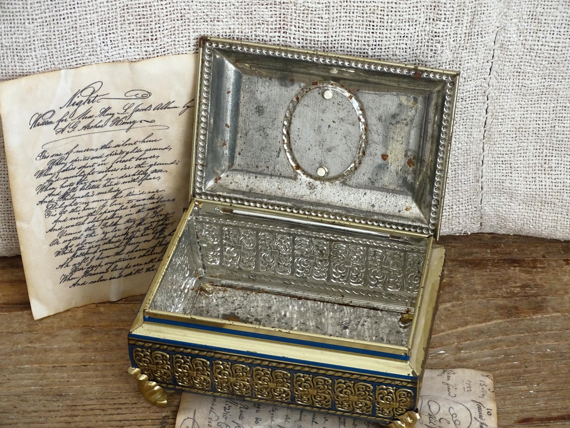 Gold Blue Tin Cameo Jewelry Box Velvet Lid, Ornate Ring Trinket Box, Small Decorative Tin Footed Box, Metal Jewelry Storage Box