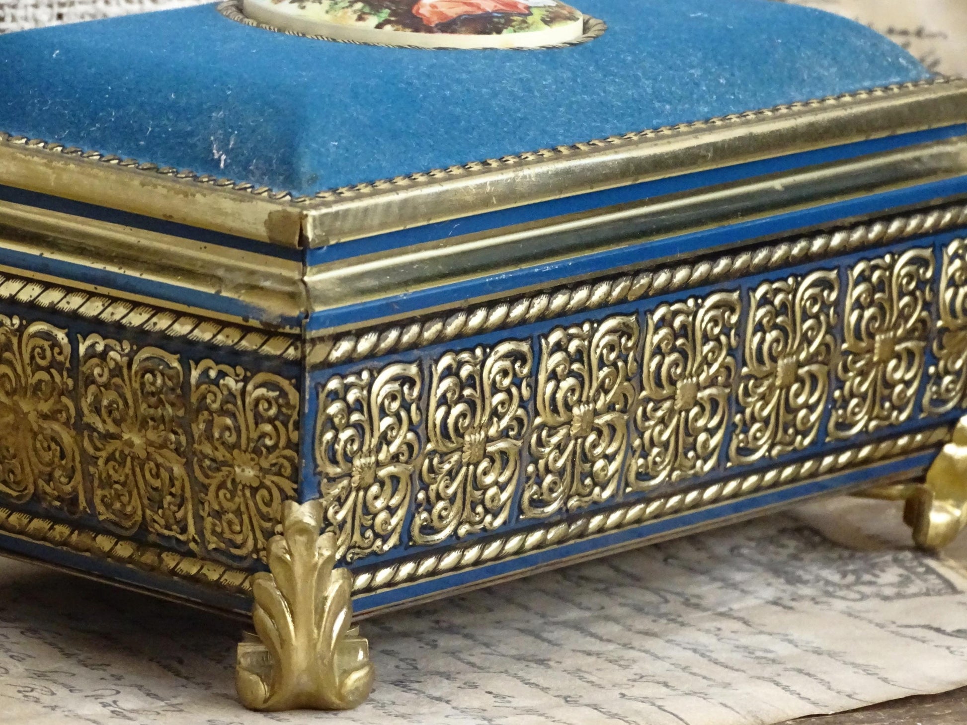 Gold Blue Tin Cameo Jewelry Box Velvet Lid, Ornate Ring Trinket Box, Small Decorative Tin Footed Box, Metal Jewelry Storage Box