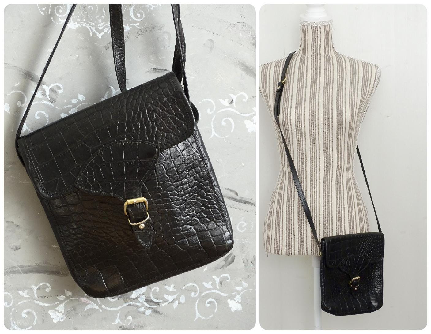 Black Leather Crossbody Purse: Embossed Italian Satchel Bag