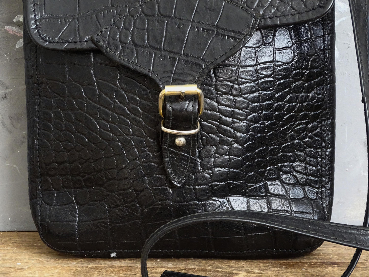 Black Leather Crossbody Purse: Embossed Italian Satchel Bag