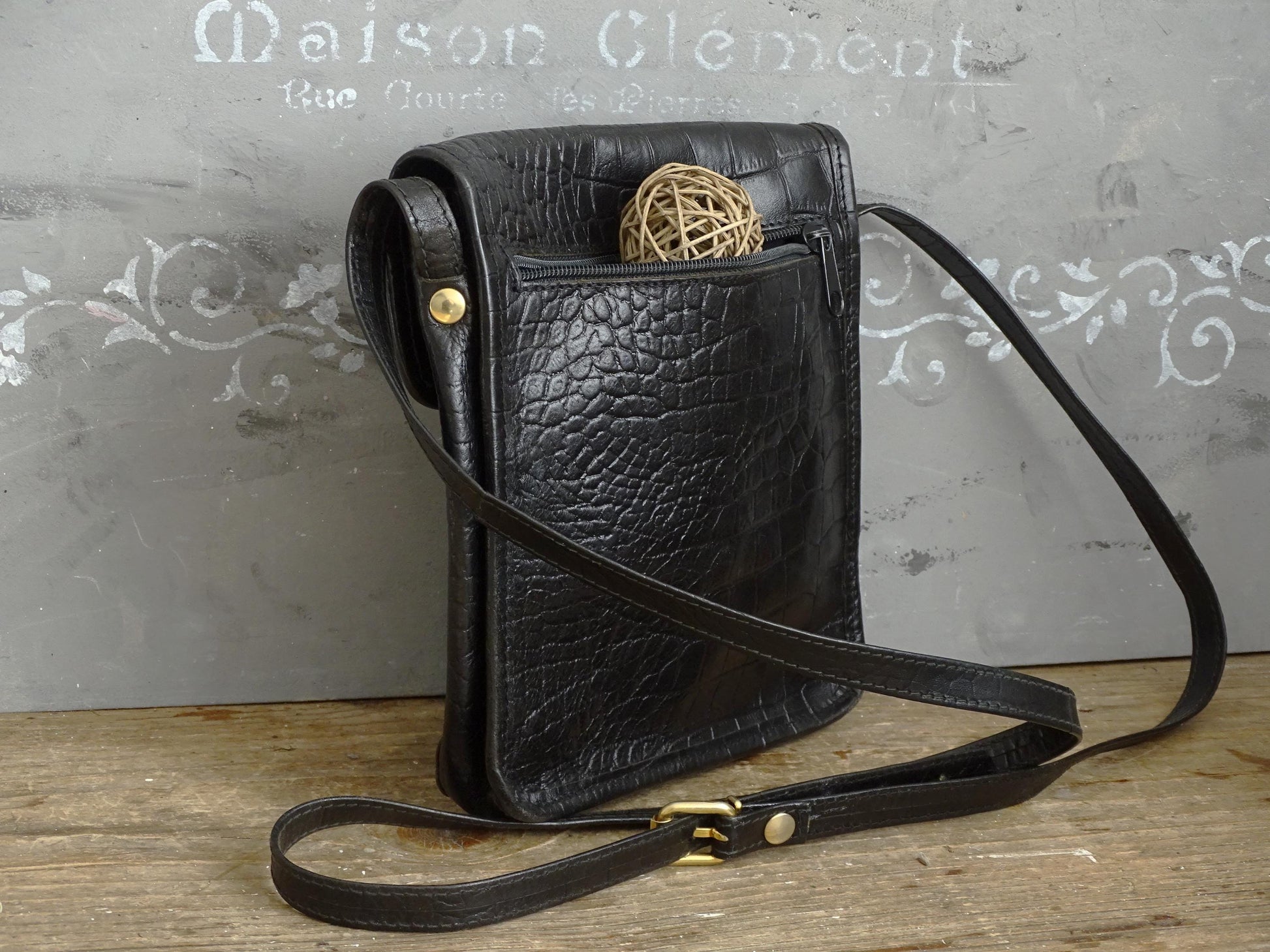 Black Leather Crossbody Purse: Embossed Italian Satchel Bag