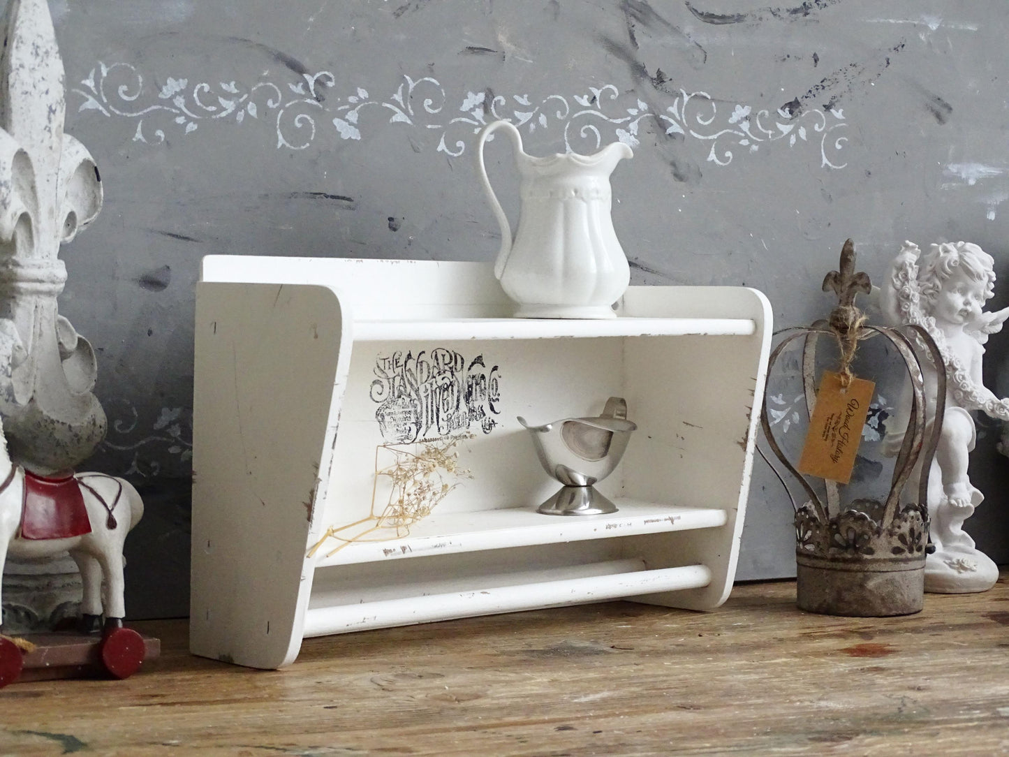 White Wood Mug Shelf, Rack, Mug Holder, Coffee Tea Cup Station 2 tier Shelf, Mini Trinket Display, Double Kitchen Floating Shelf Towel Bar