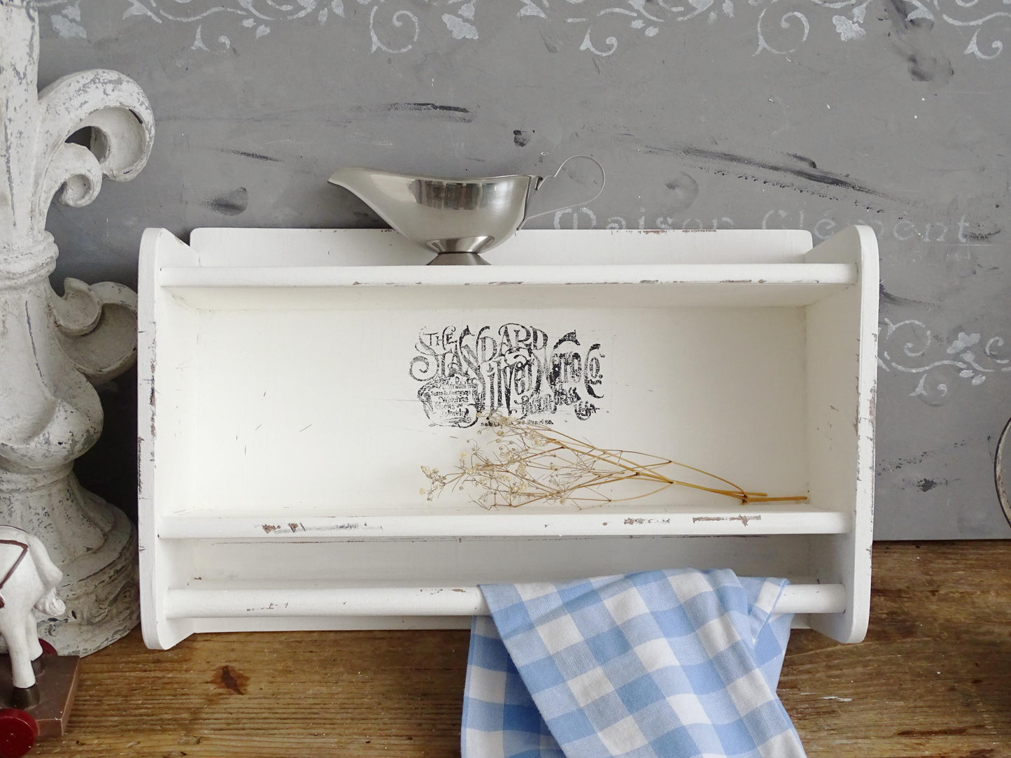White Wood Mug Shelf, Rack, Mug Holder, Coffee Tea Cup Station 2 tier Shelf, Mini Trinket Display, Double Kitchen Floating Shelf Towel Bar