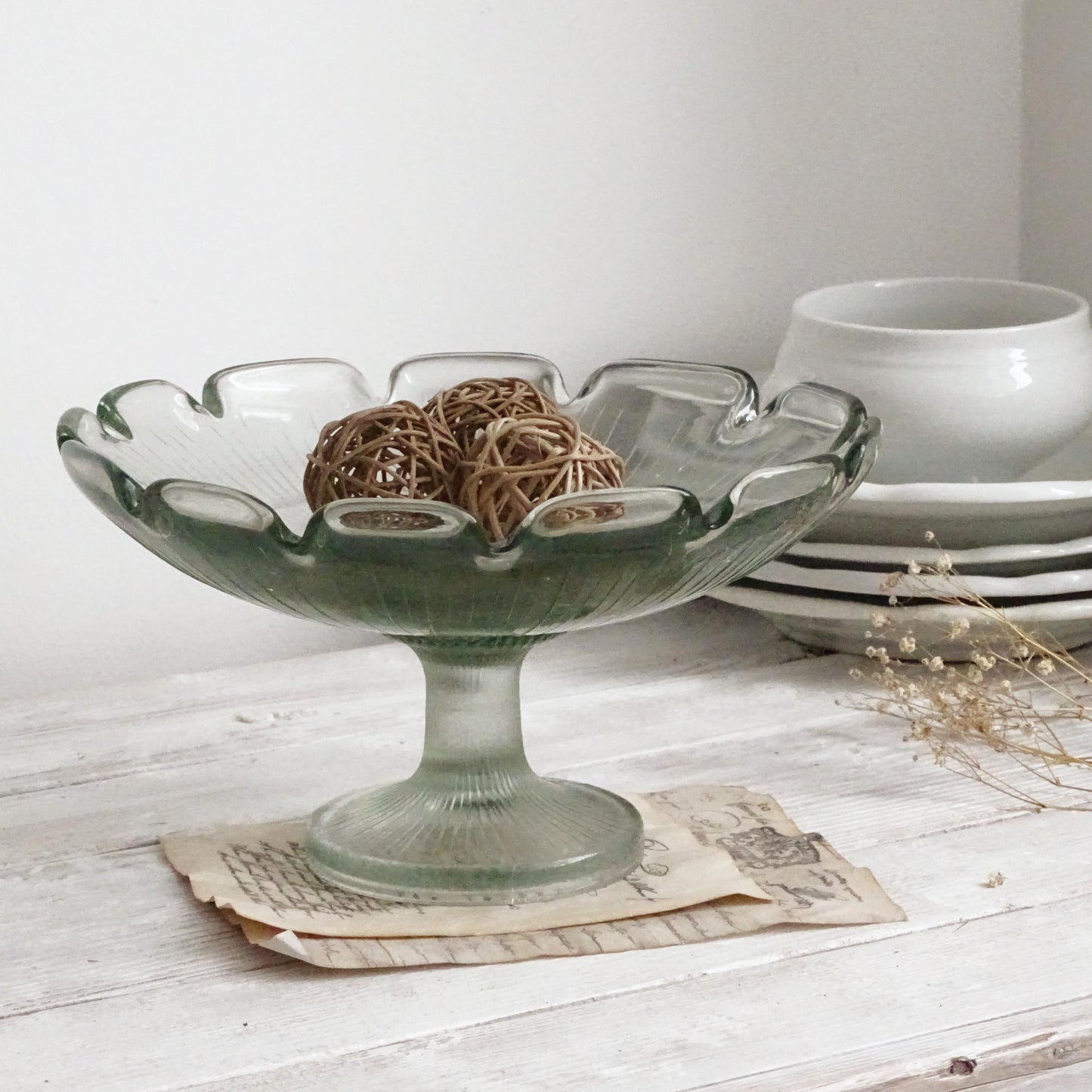 Antique Green Glass Pedestal Bowl with Scallops, Cake Stand, Compote, Centerpiece or Fruit Bowl