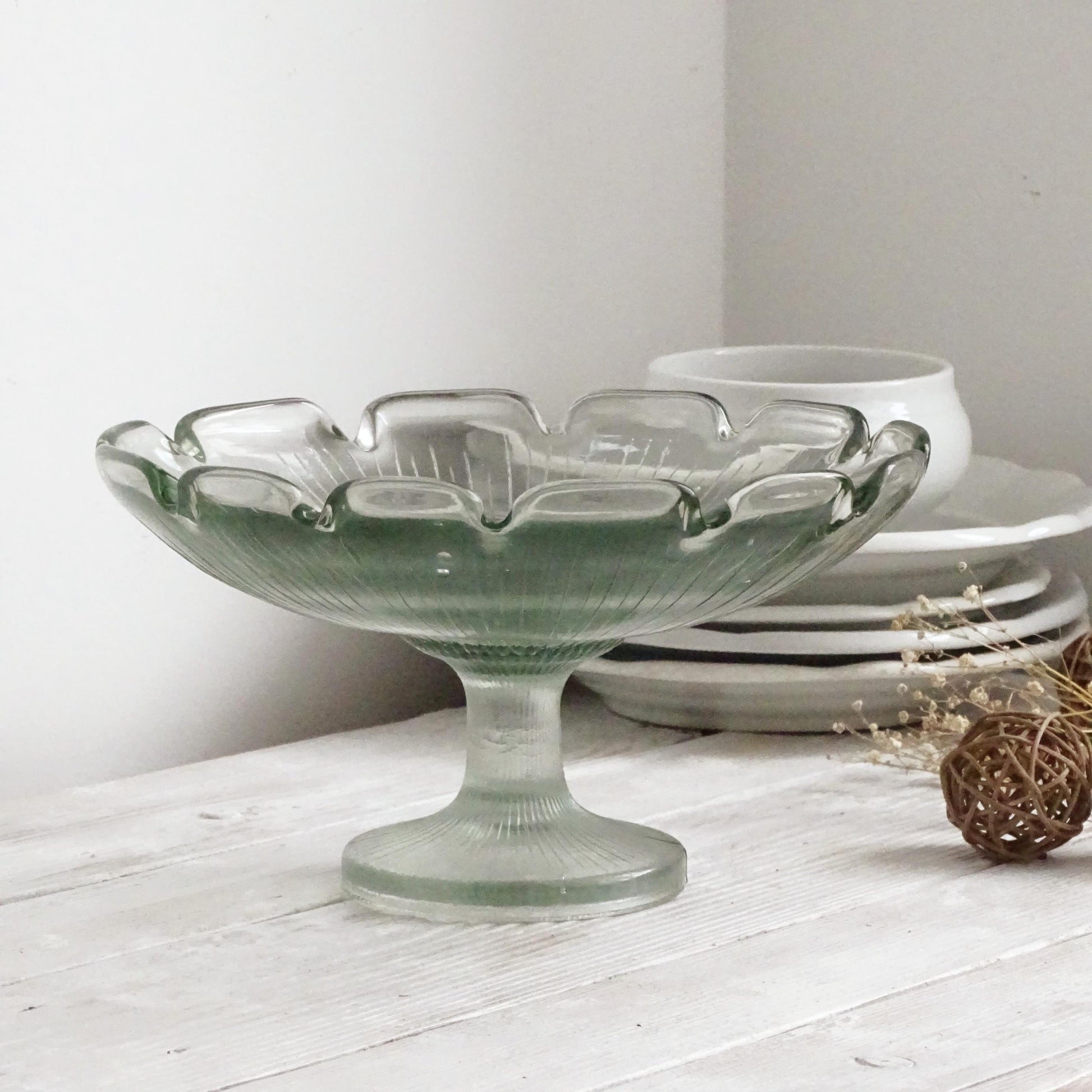 Antique Green Glass Pedestal Bowl with Scallops, Cake Stand, Compote, Centerpiece or Fruit Bowl