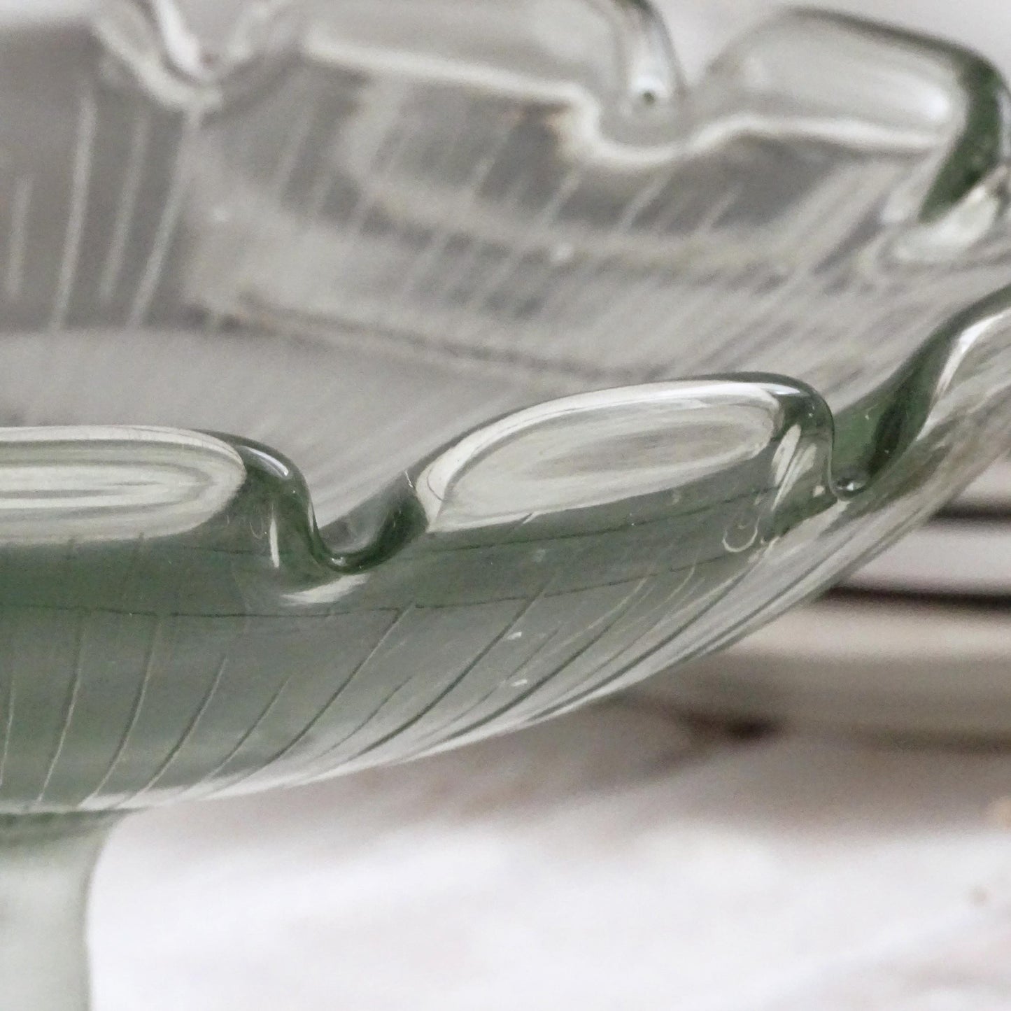 Antique Green Glass Pedestal Bowl with Scallops, Cake Stand, Compote, Centerpiece or Fruit Bowl
