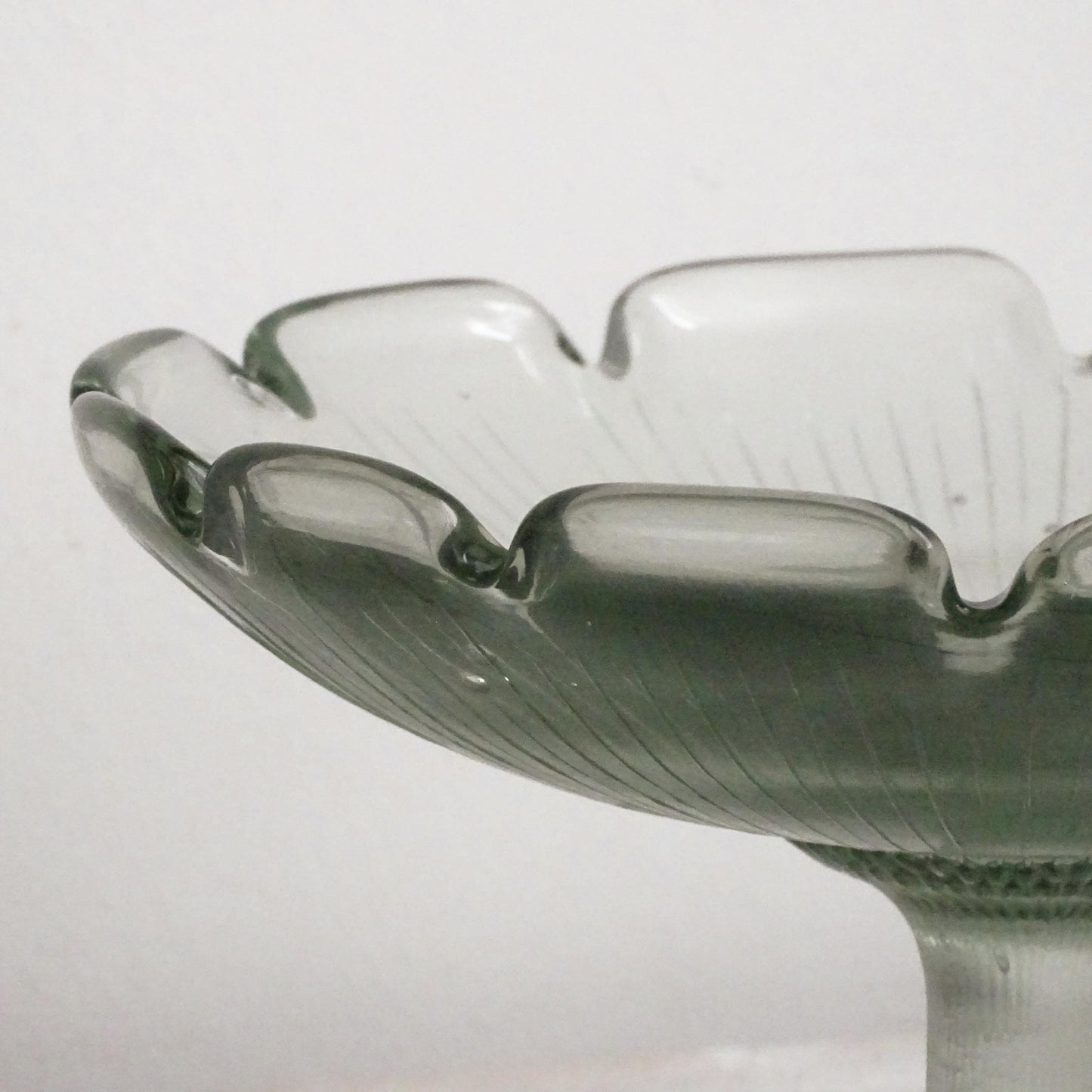 Antique Green Glass Pedestal Bowl with Scallops, Cake Stand, Compote, Centerpiece or Fruit Bowl